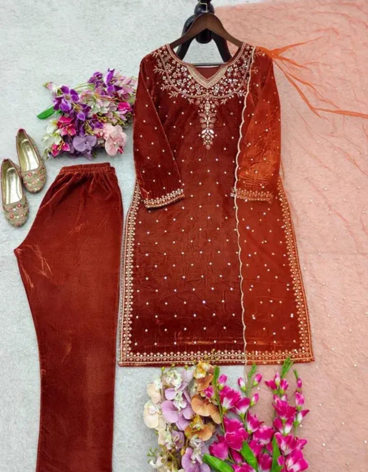 Premium Velvet Party Wear Suit (Rust Color)