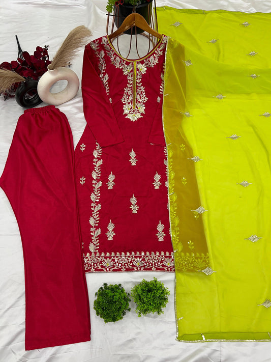 Red Embroidered 3-piece Suit Set With Contrast Dupatta