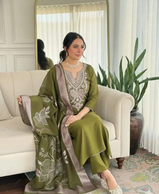 Olive Green Embroidered Suit Set