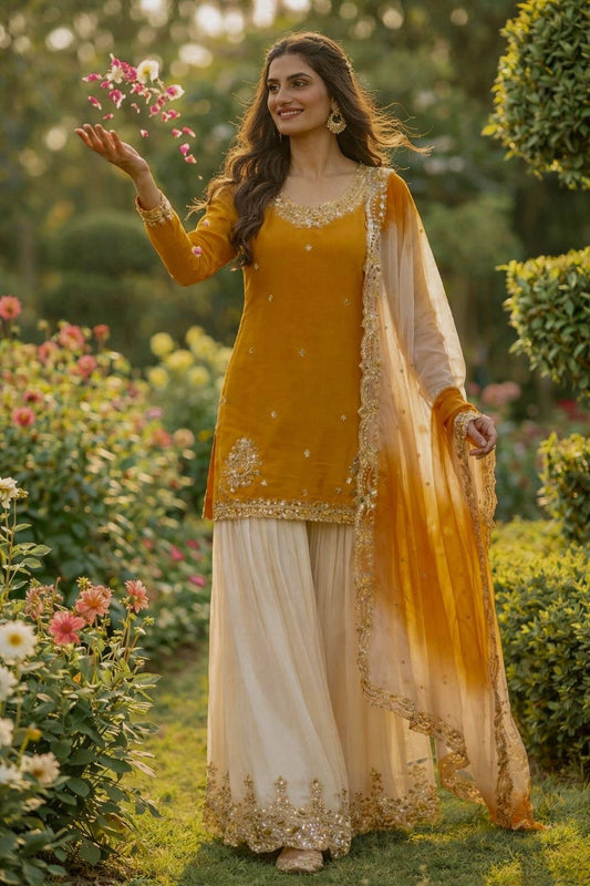 Yellow Embroidered Party Wear Suit Set