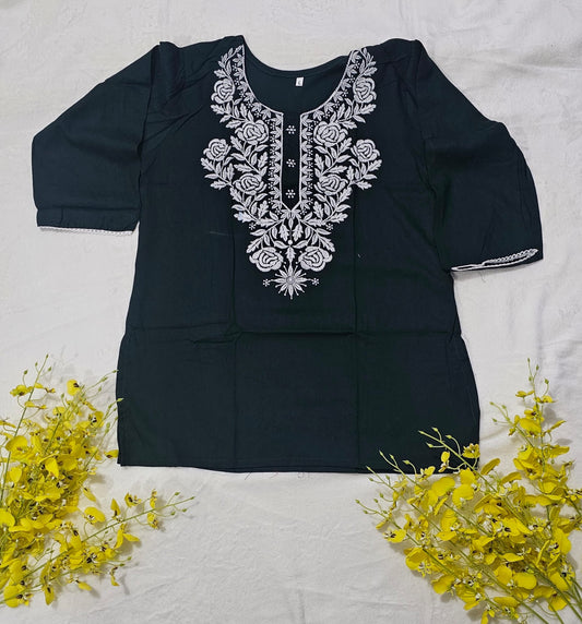 Embroidered Cotton Kurti- Dark Green (Women)