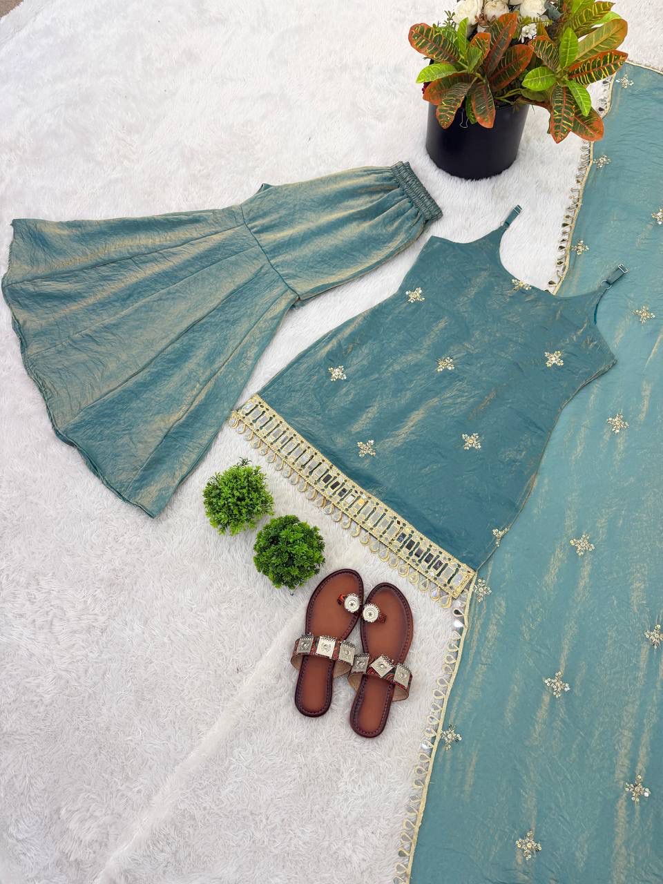 Teal Embroidered Kurta Set with Sharara & Dupatta