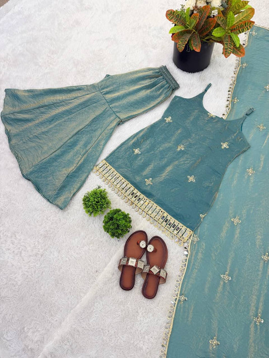 Teal Embroidered Kurta Set with Sharara & Dupatta