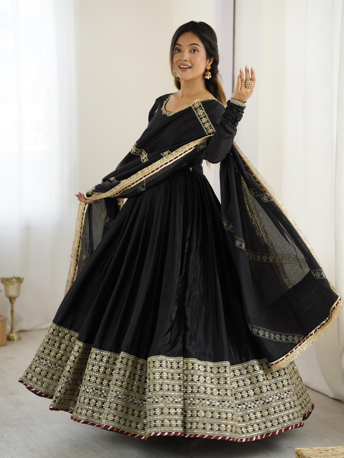 Elegant Black Anarkali Suit With Golden Border Dupatta